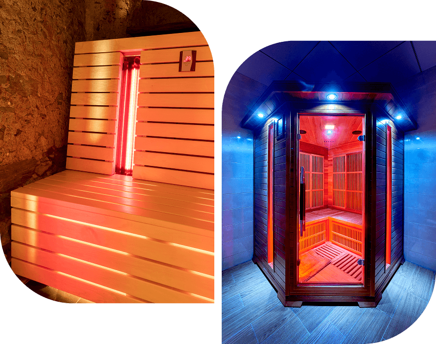 Group 11 Infrared sauna with glowing red lights.