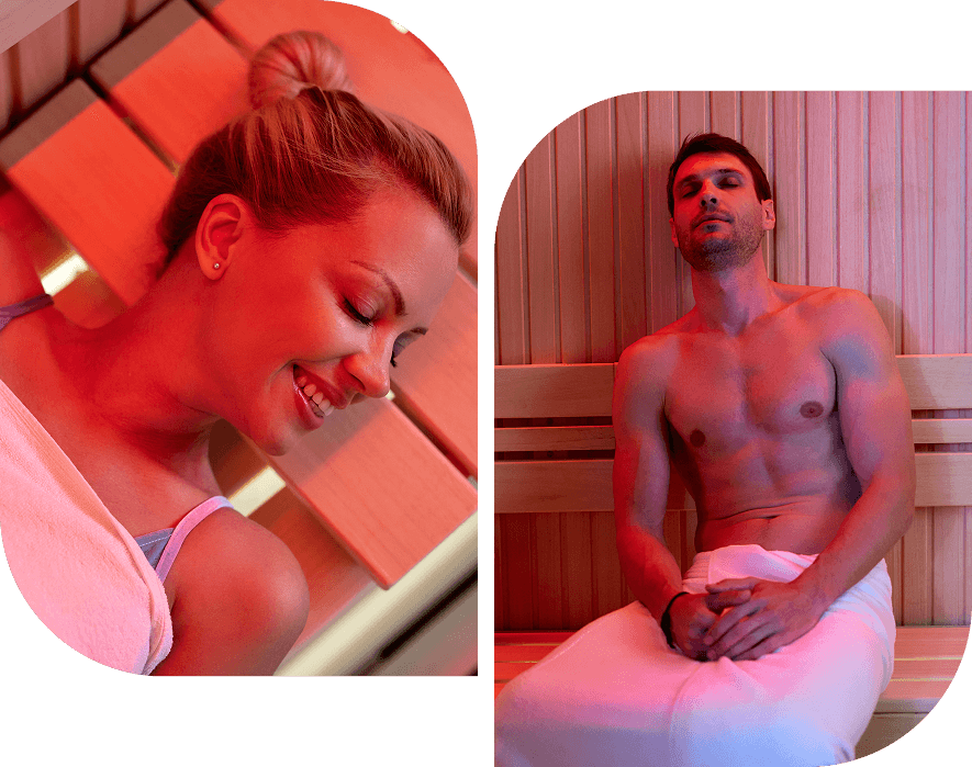 Group 12 Man and woman relaxing in sauna.